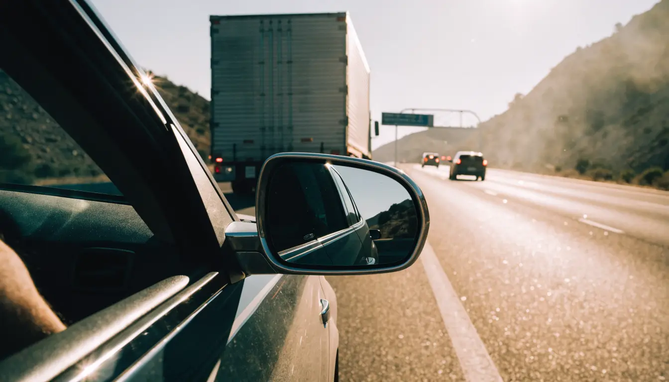 A semi in a side mirror on I-215 near Hunter Industrial Park in Riverside