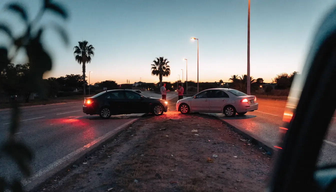 A hazard triangle on a Riverside freeway shoulder in the first minutes after a crash