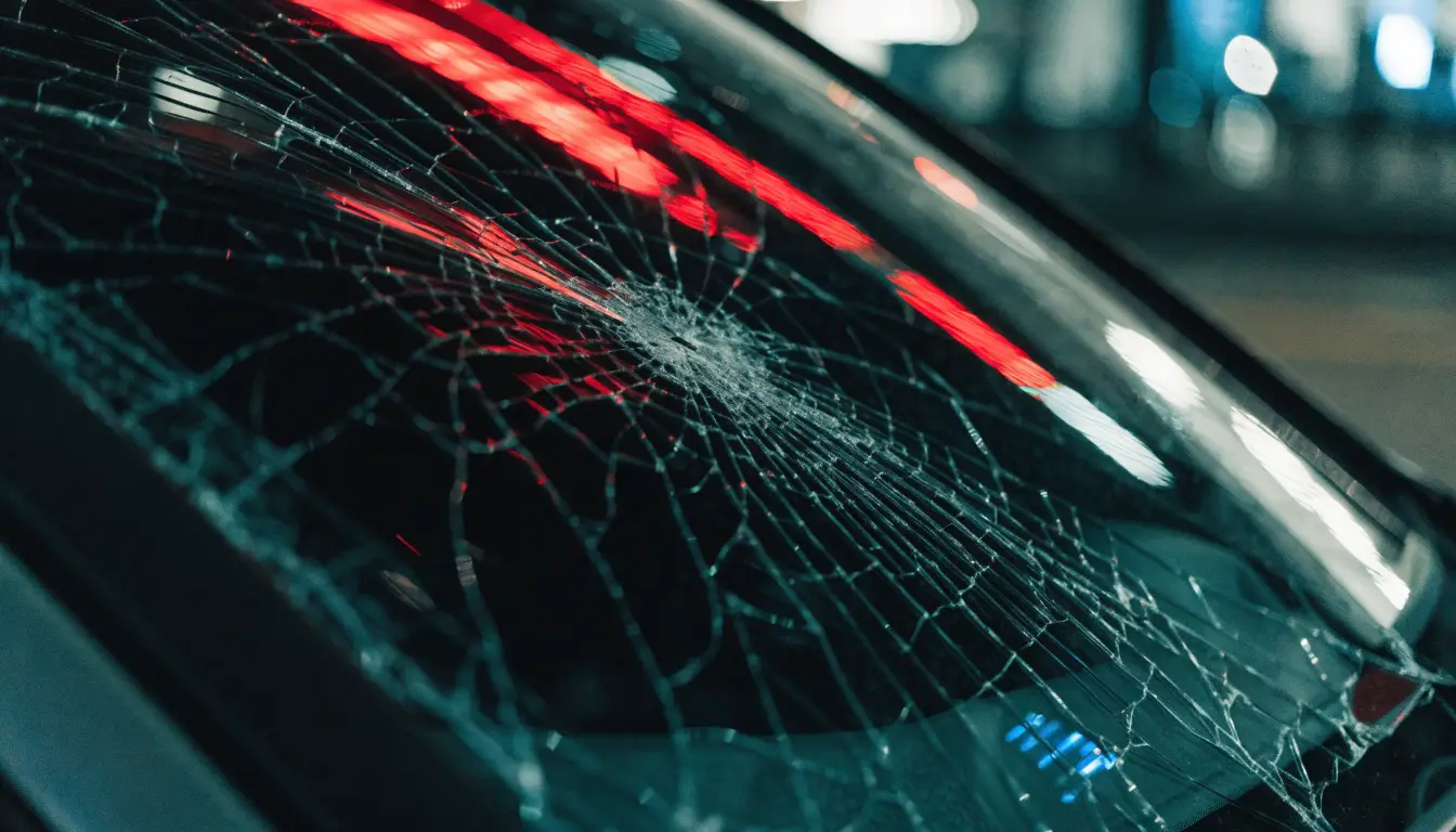 Broken windshield glass on a Riverside street after a drunk-driving crash