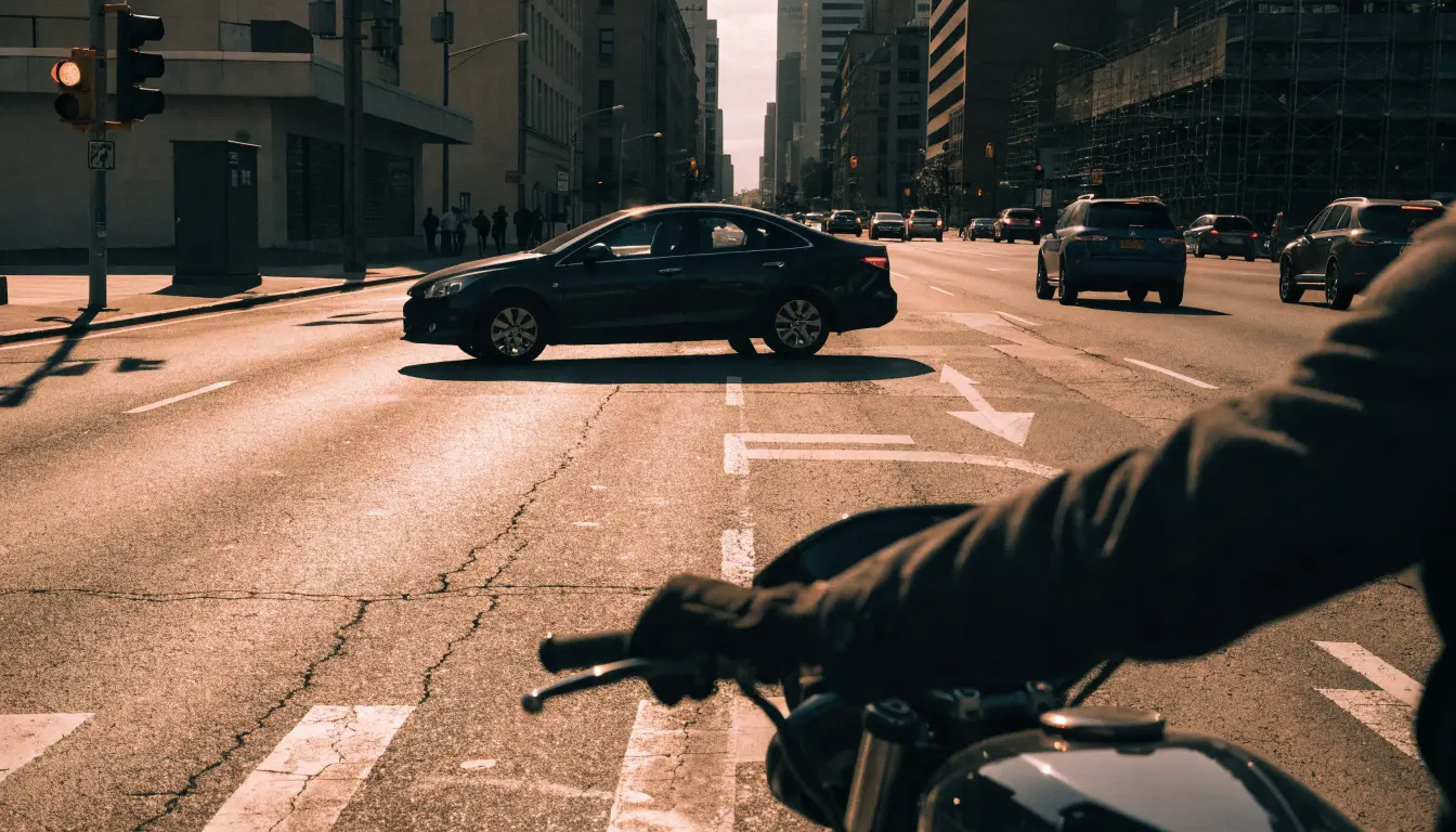 A car turning left across an oncoming motorcycle's path at a Riverside arterial intersection