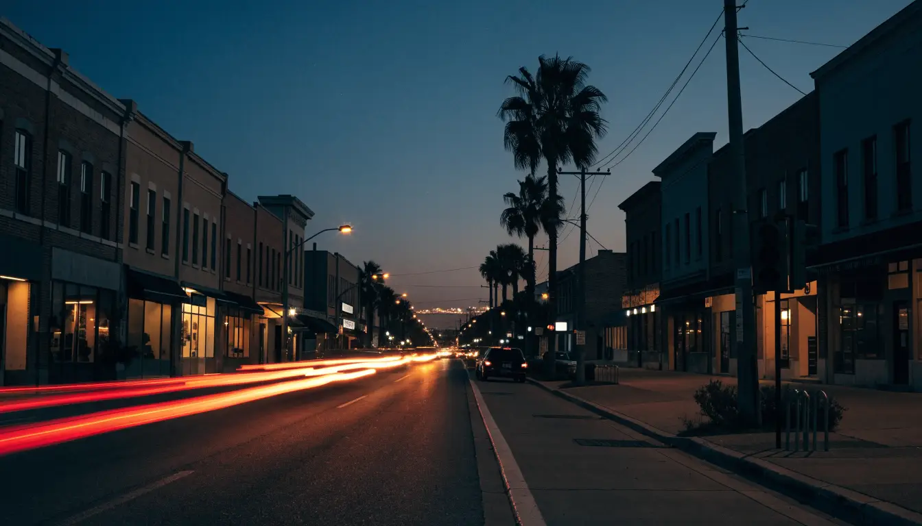 Magnolia Avenue at dusk through Magnolia Center — Riverside’s historic crosstown arterial