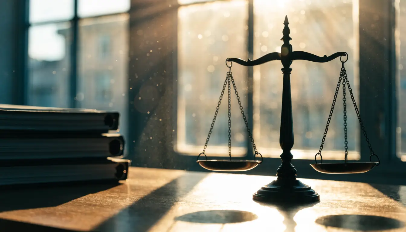 A balance scale and case file on a table with the Historic Courthouse in soft focus